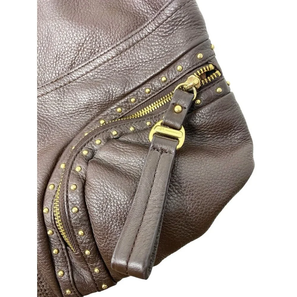 B Makowsky Dark Brown Leather Hobo Shoulder Studded Handbag Purse Logo Keychain - Picture 3 of 9
